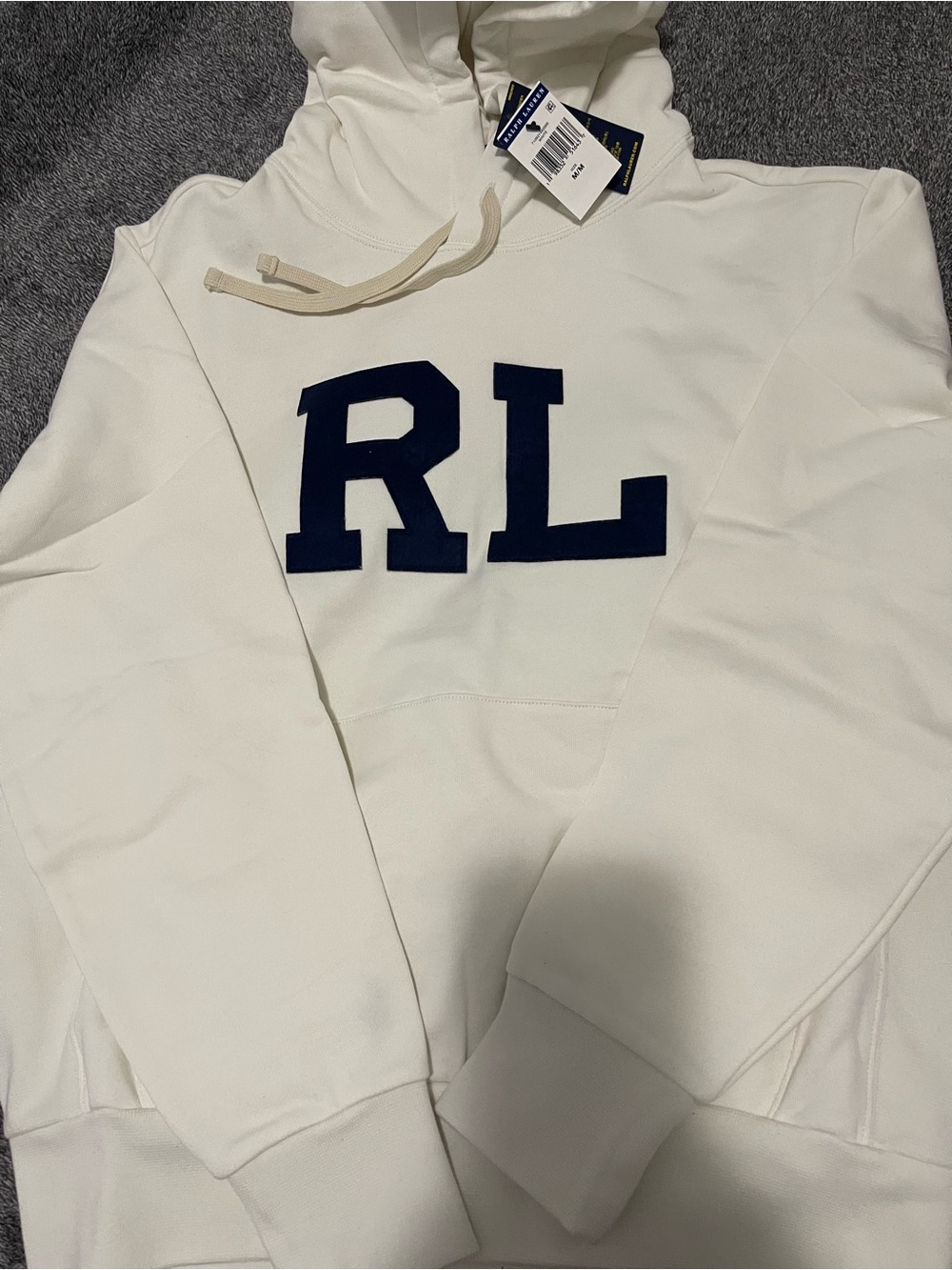 Ralph Lauren Cream Crewneck Hoodie with Navy RL Applique NWT